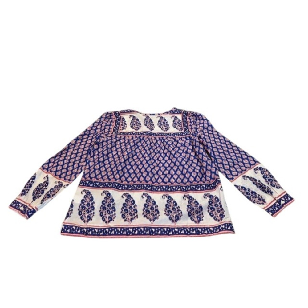 J.Crew Womens Blue Red Paisley Block Print Cotton Peasant Blouse Top Size 4 EUC